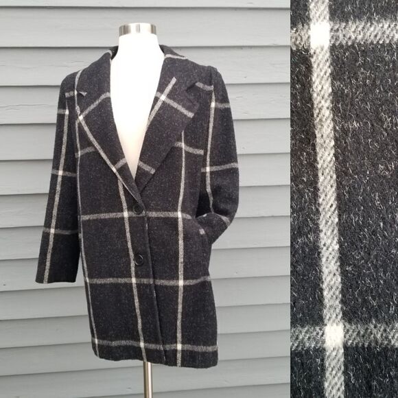 Vintage 70s Miss New Yorker Wool Blend? Windowpane Plaid Black and White Coat Lg - Picture 3 of 8